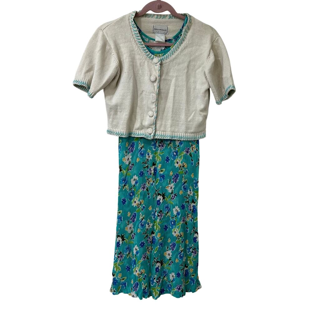 Molly Malloy Vtg Womens Sz Large Petie Blue Floral Midi dress w/ Sweater Cottage